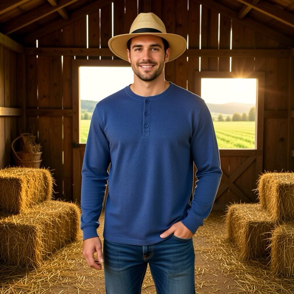 Men L Regular LL Bean Traditional Fit Henley Shirt Cotton base layer Casual Blue